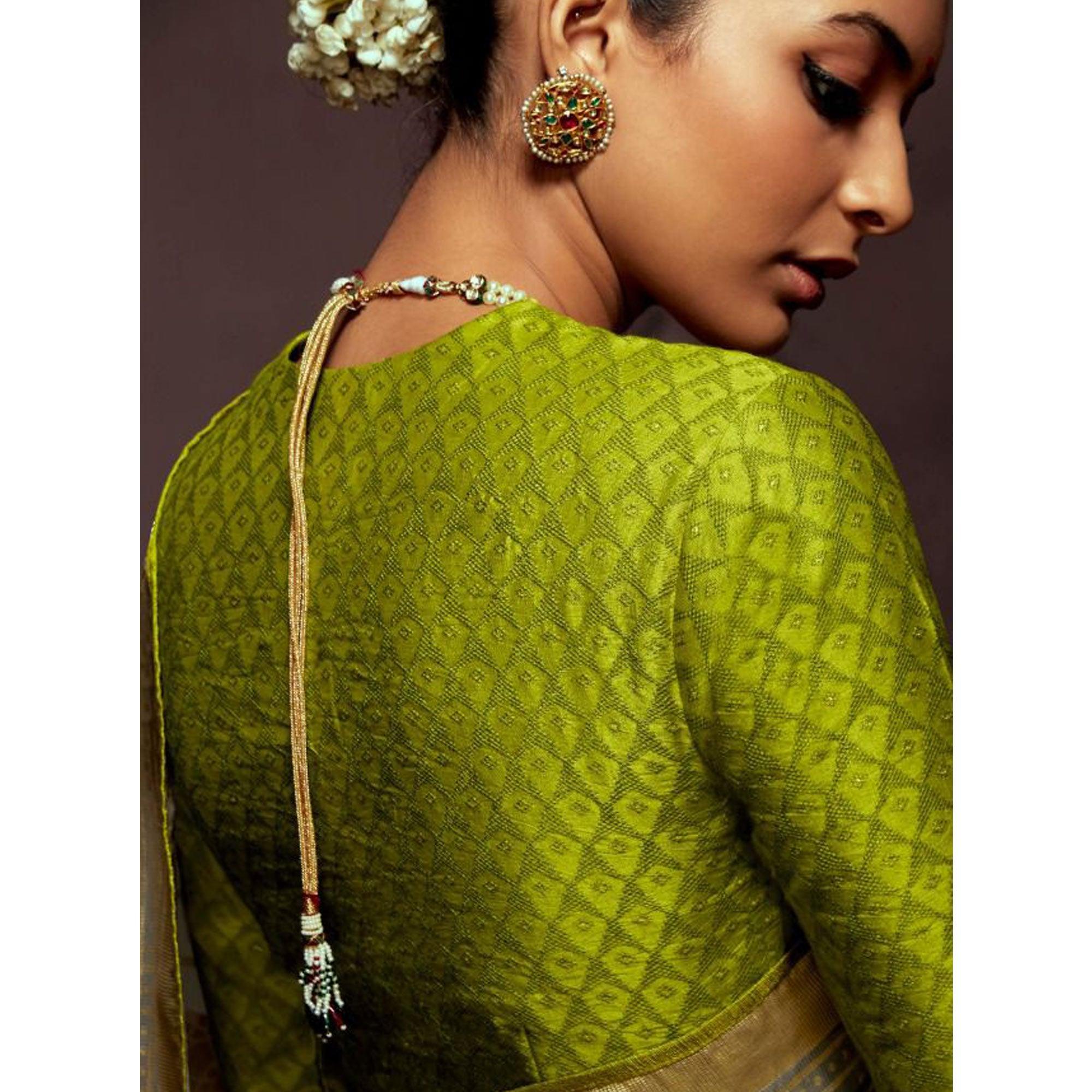 Grey Woven Brasso Saree With Tassels - Peachmode
