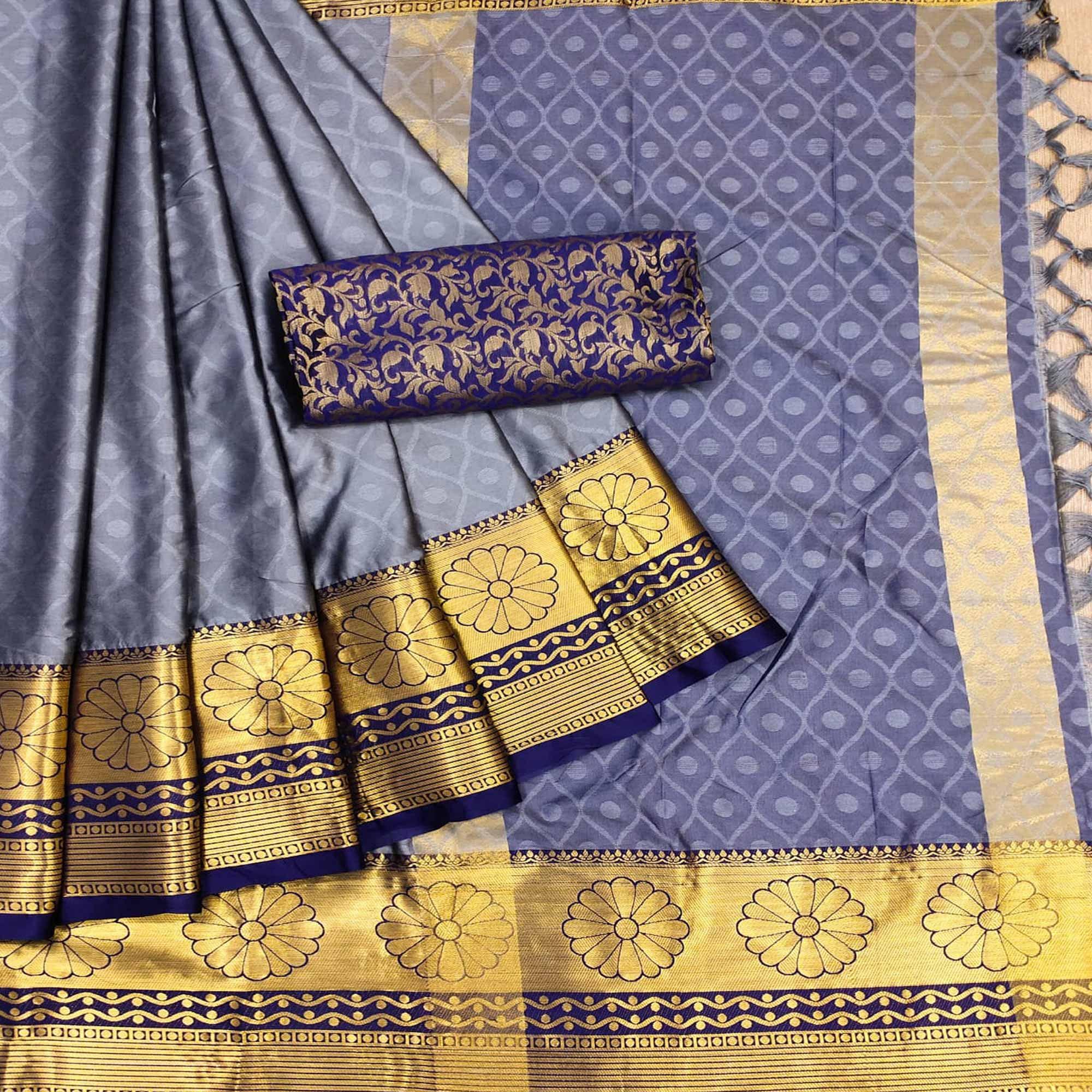 Grey Woven Cotton Silk Saree - Peachmode