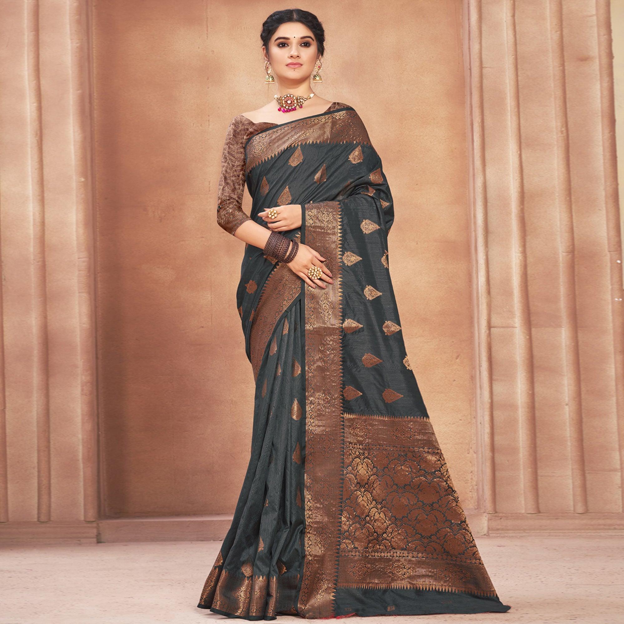 Grey Woven Cotton Silk Saree - Peachmode