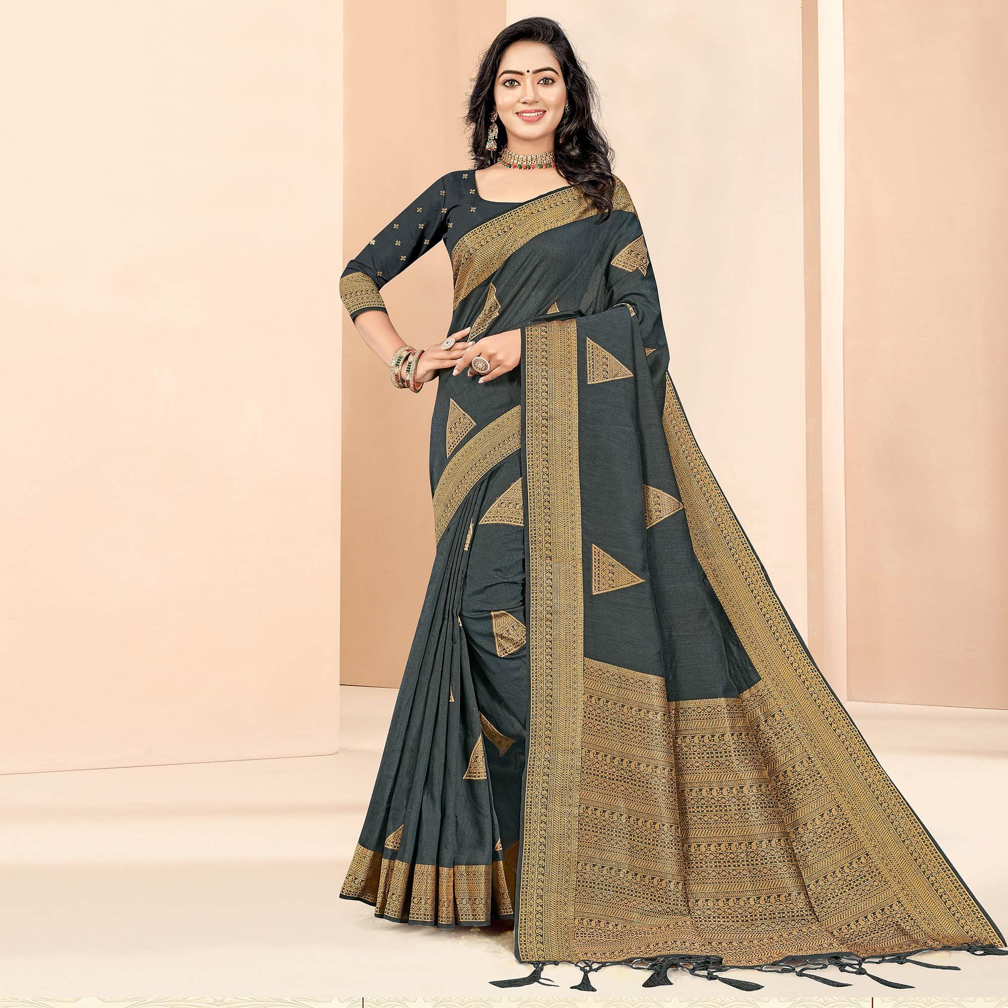 Grey Woven Cotton Silk Saree - Peachmode