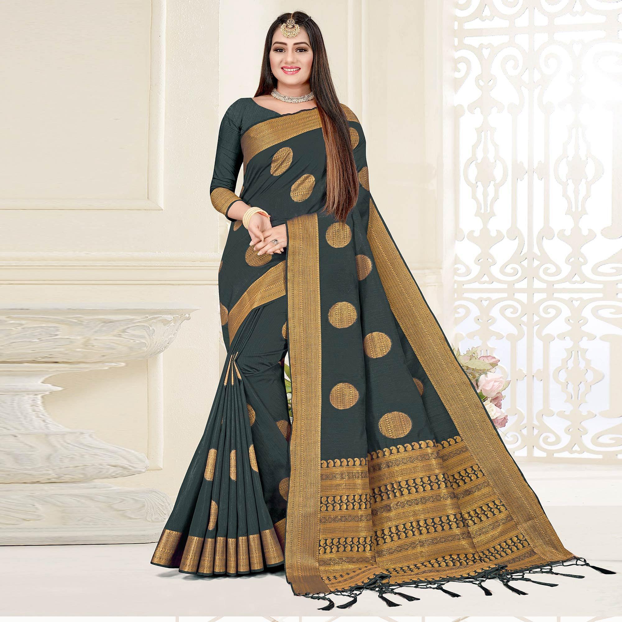 Grey Woven Cotton Silk Saree - Peachmode