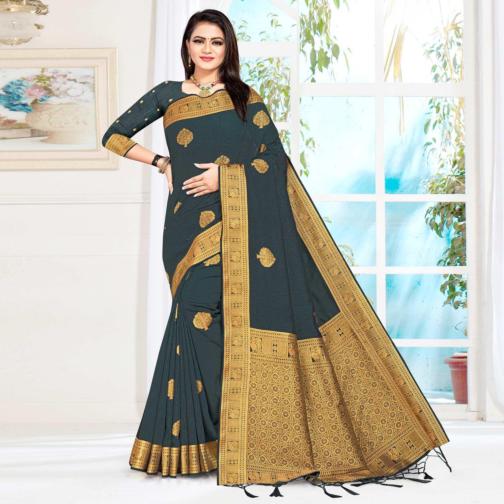 Grey Woven Cotton Silk Saree - Peachmode