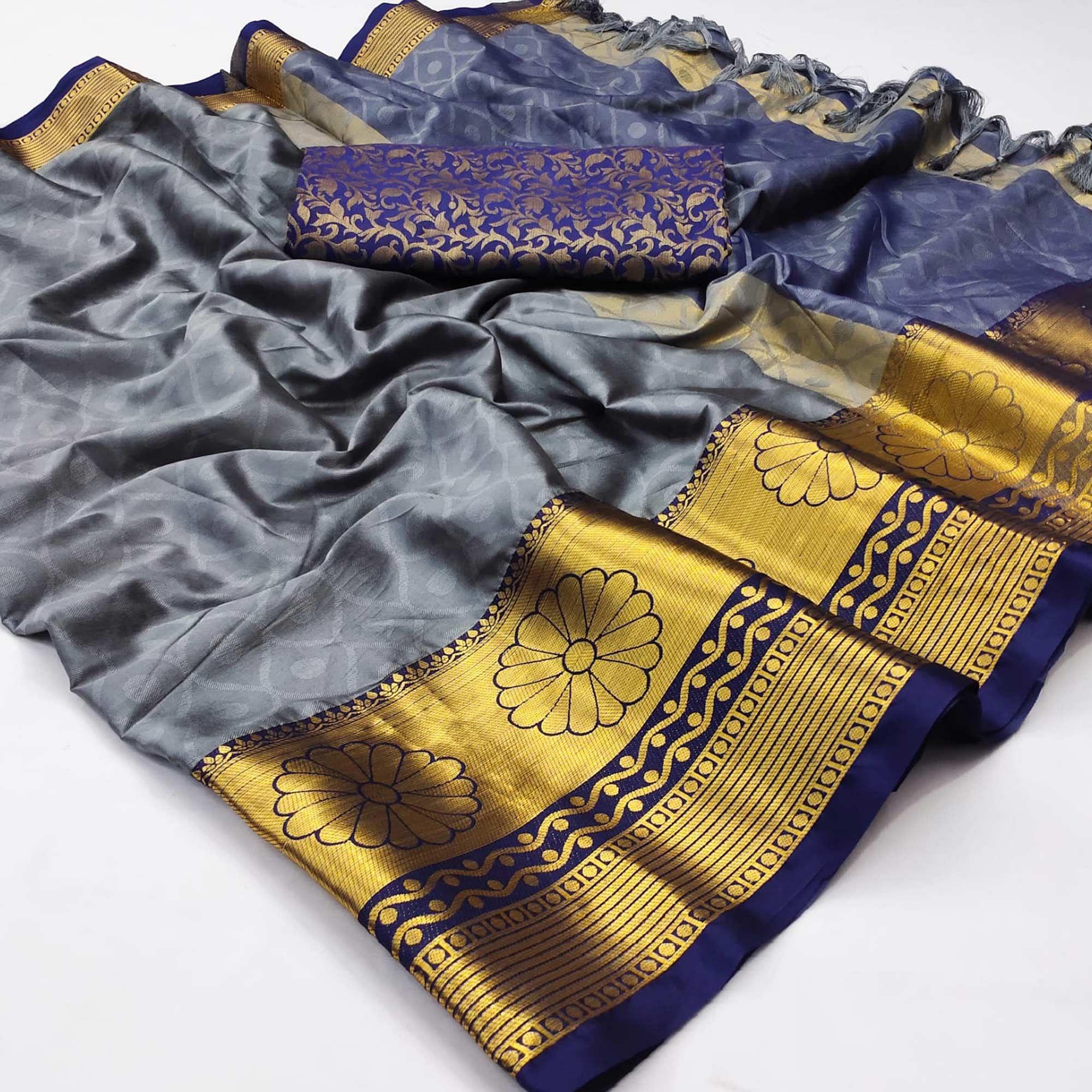 Grey Woven Cotton Silk Saree - Peachmode