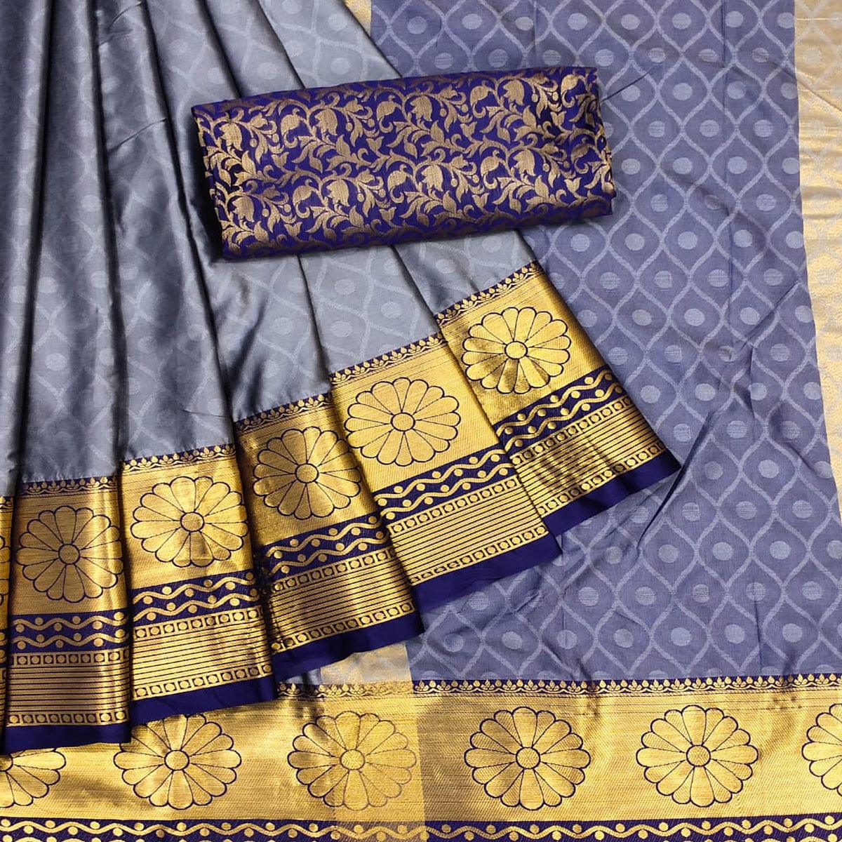 Grey Woven Cotton Silk Saree - Peachmode