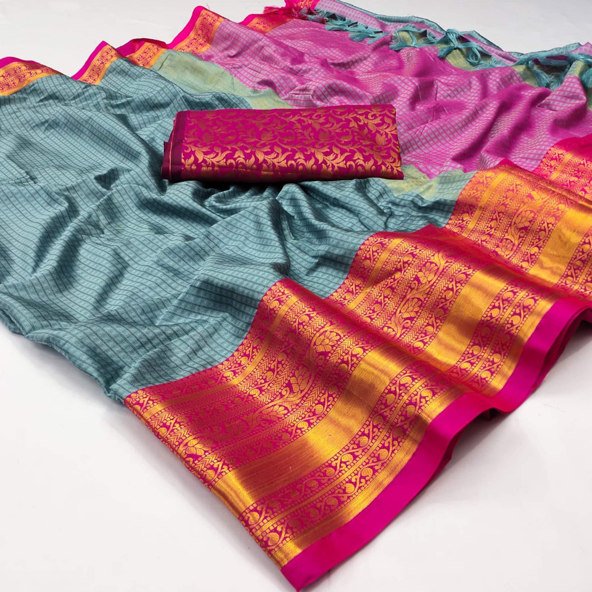 Grey Woven Cotton Silk Saree With Tassels - Peachmode