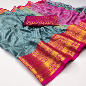 Grey Woven Cotton Silk Saree With Tassels - Peachmode