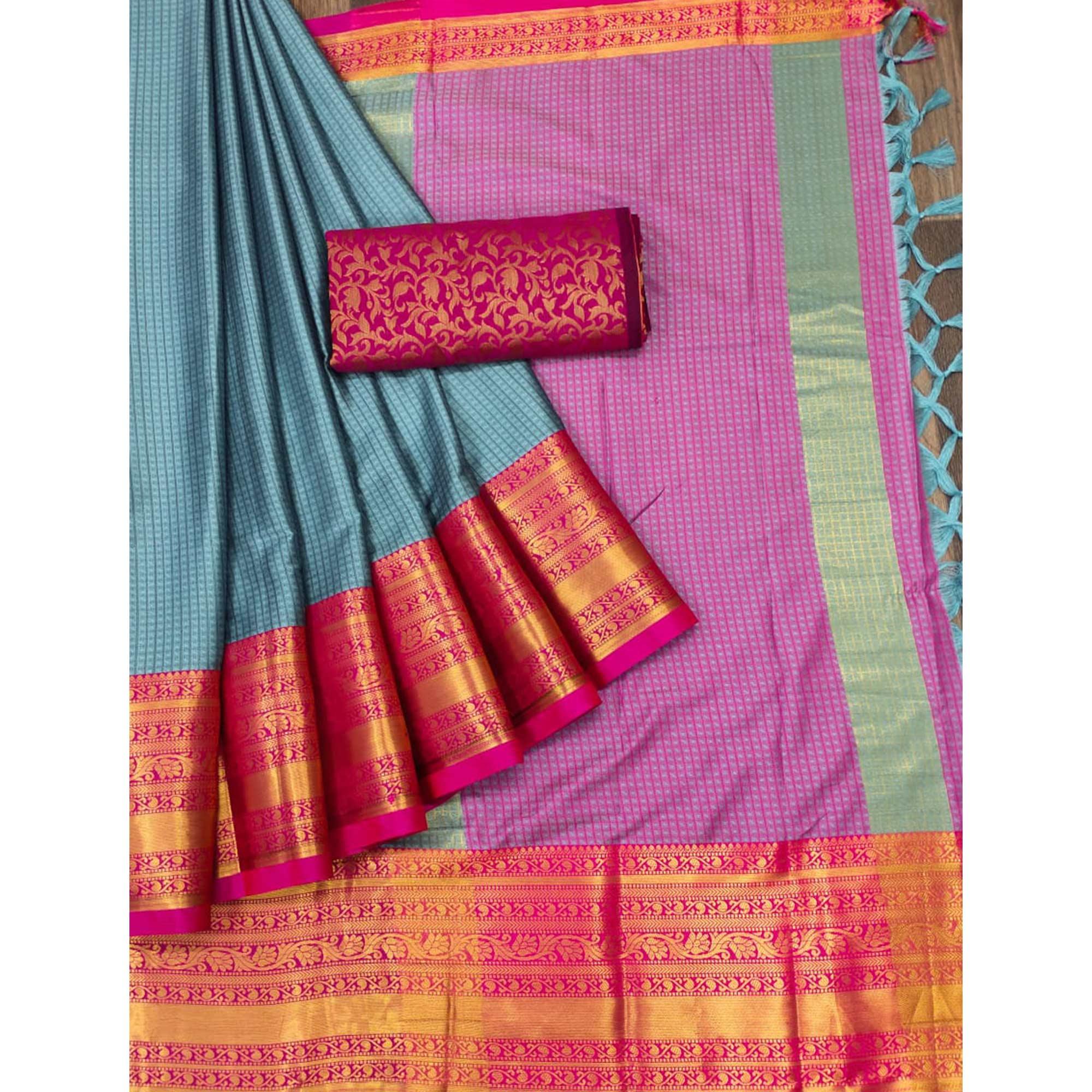 Grey Woven Cotton Silk Saree With Tassels - Peachmode
