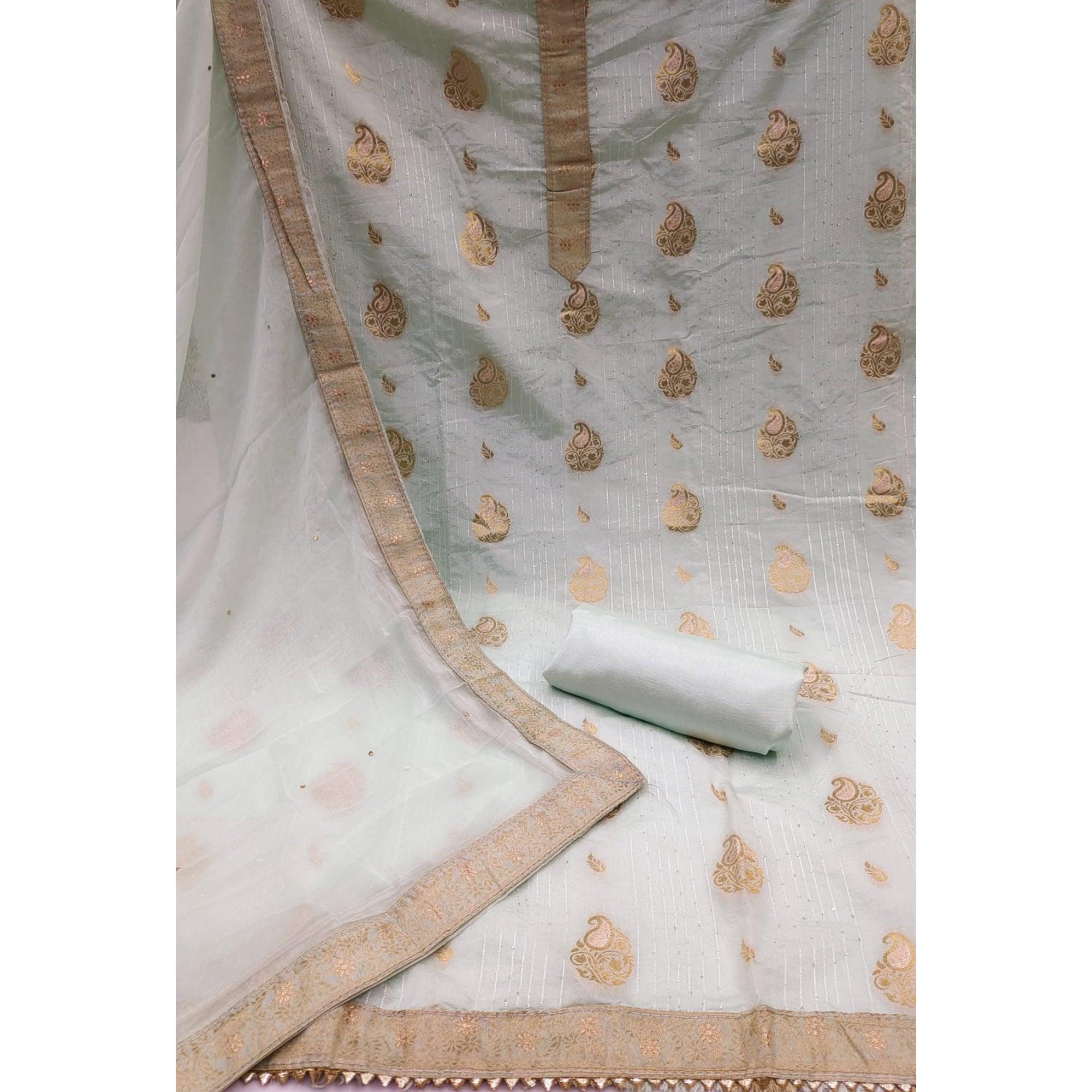 Grey Woven Dola Silk Dress Material - Peachmode