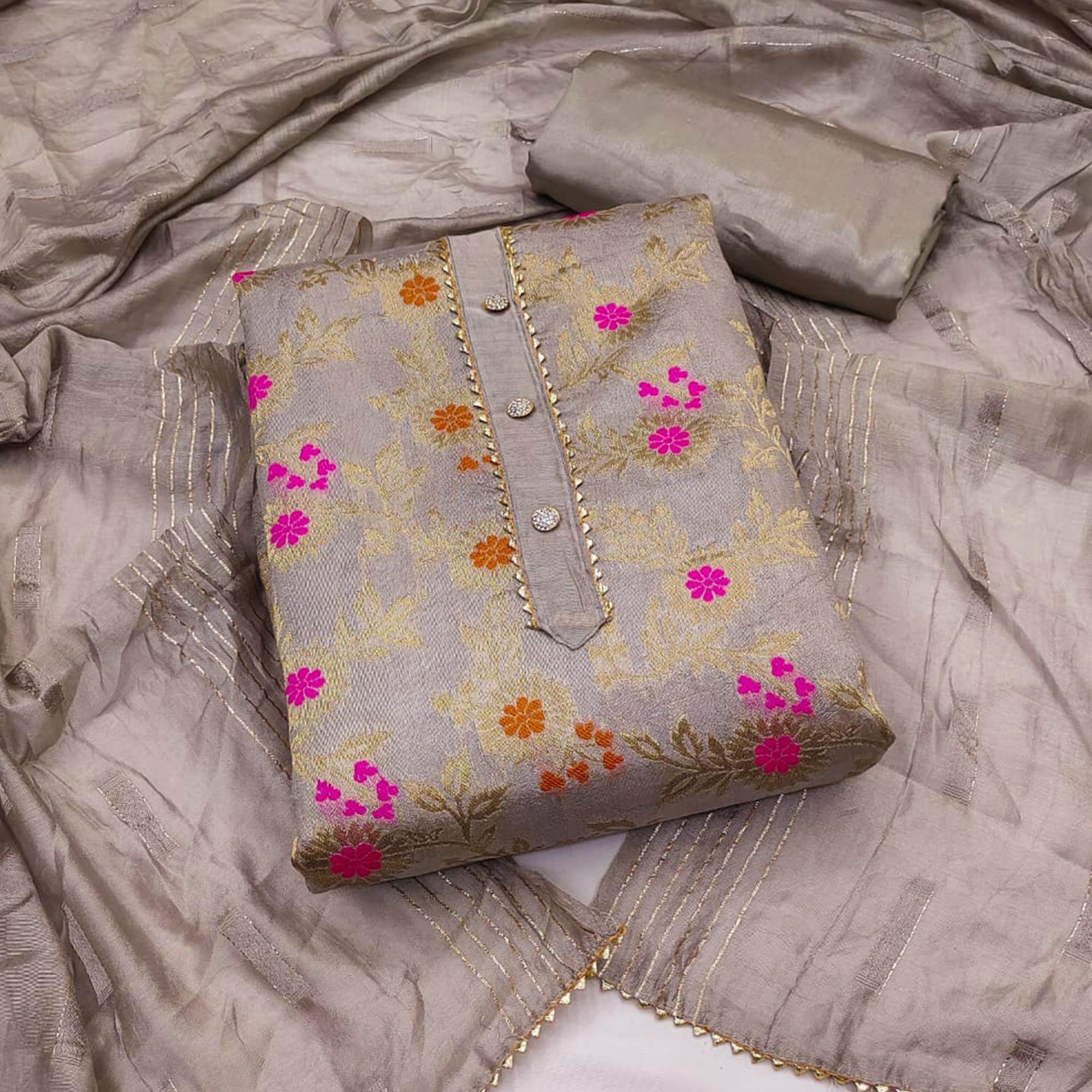 Grey Woven Jacquard Dress Material - Peachmode