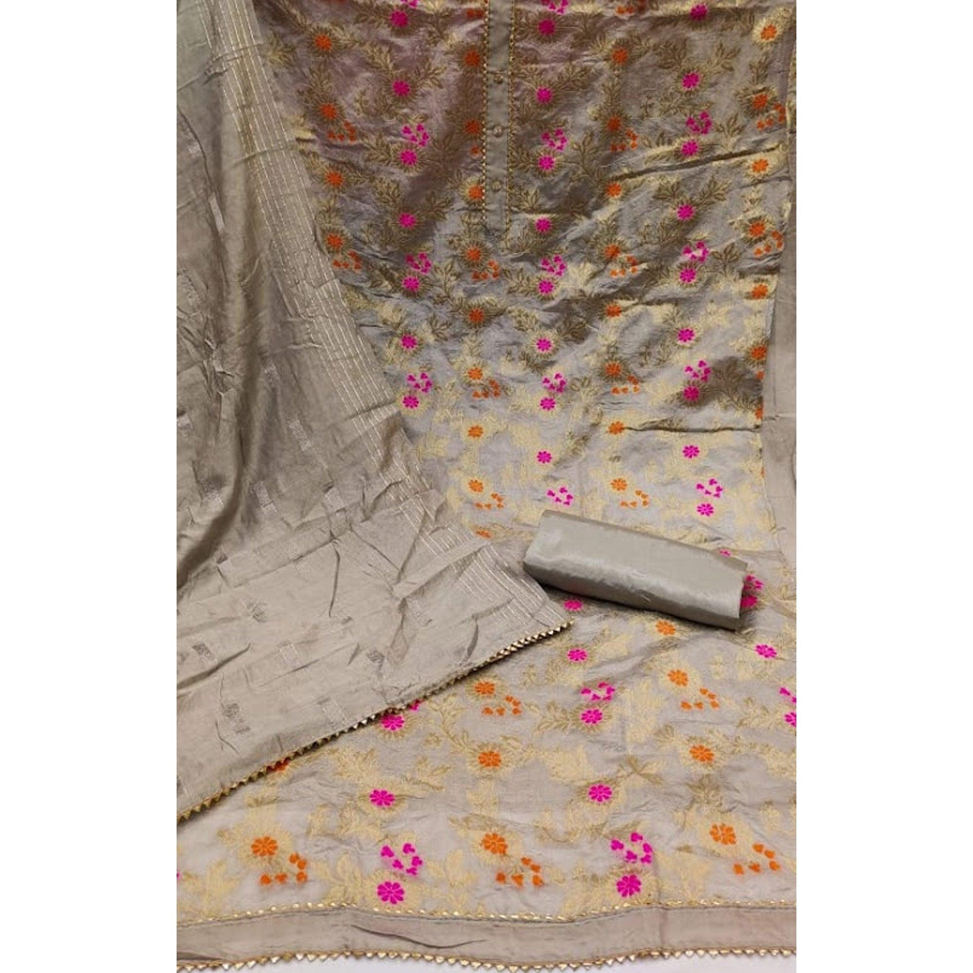 Grey Woven Jacquard Dress Material - Peachmode