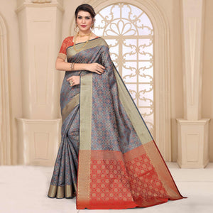 Grey Woven Jacquard Saree - Peachmode