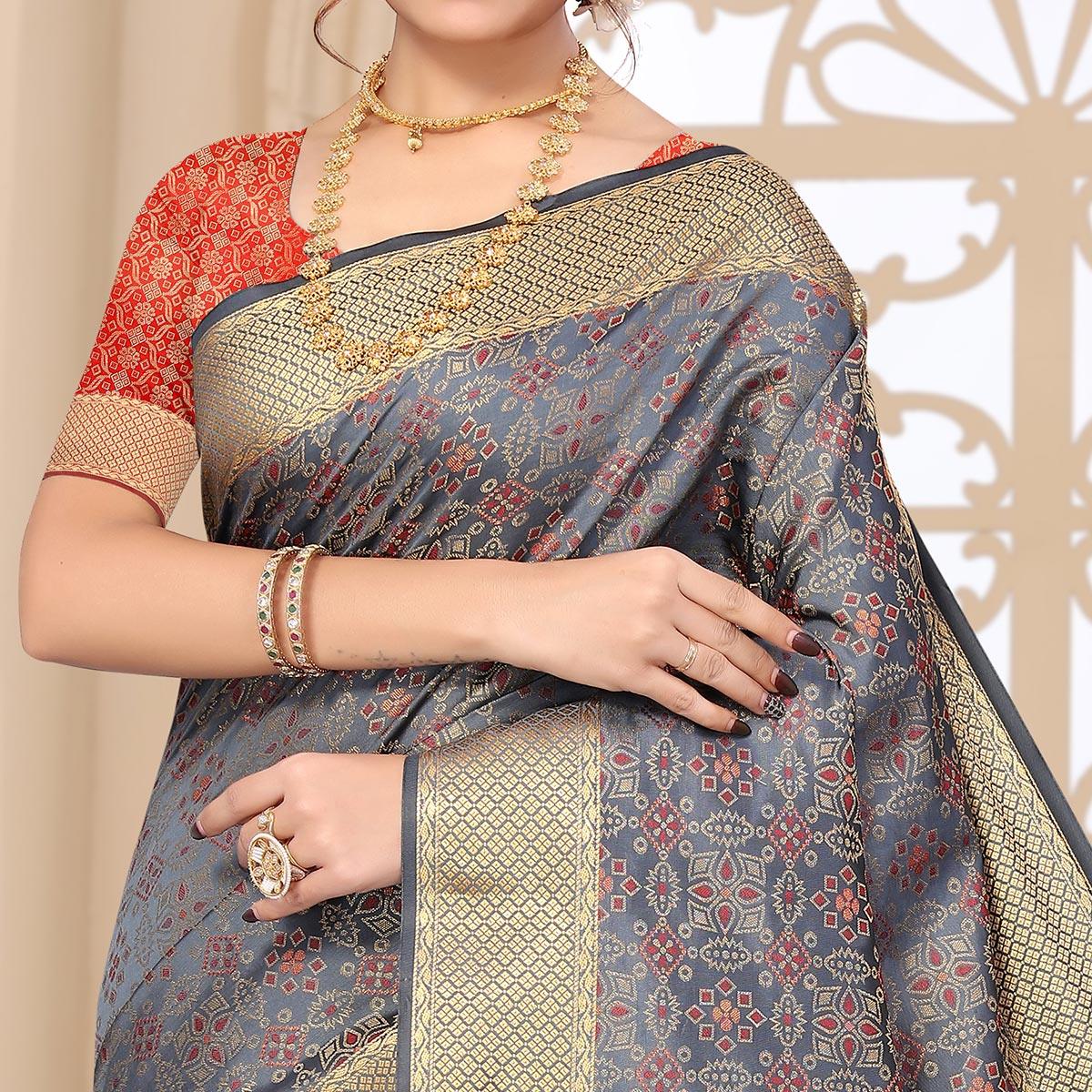 Grey Woven Jacquard Saree - Peachmode