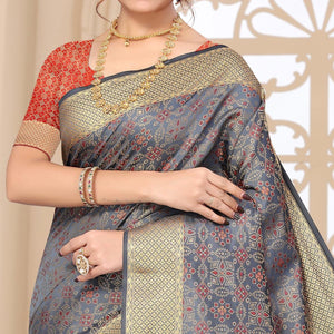 Grey Woven Jacquard Saree - Peachmode