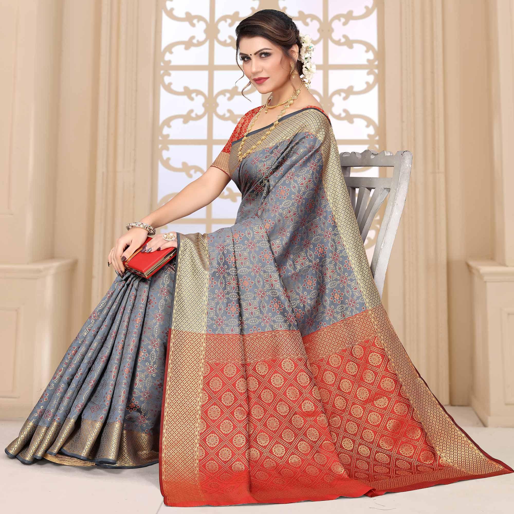 Grey Woven Jacquard Saree - Peachmode