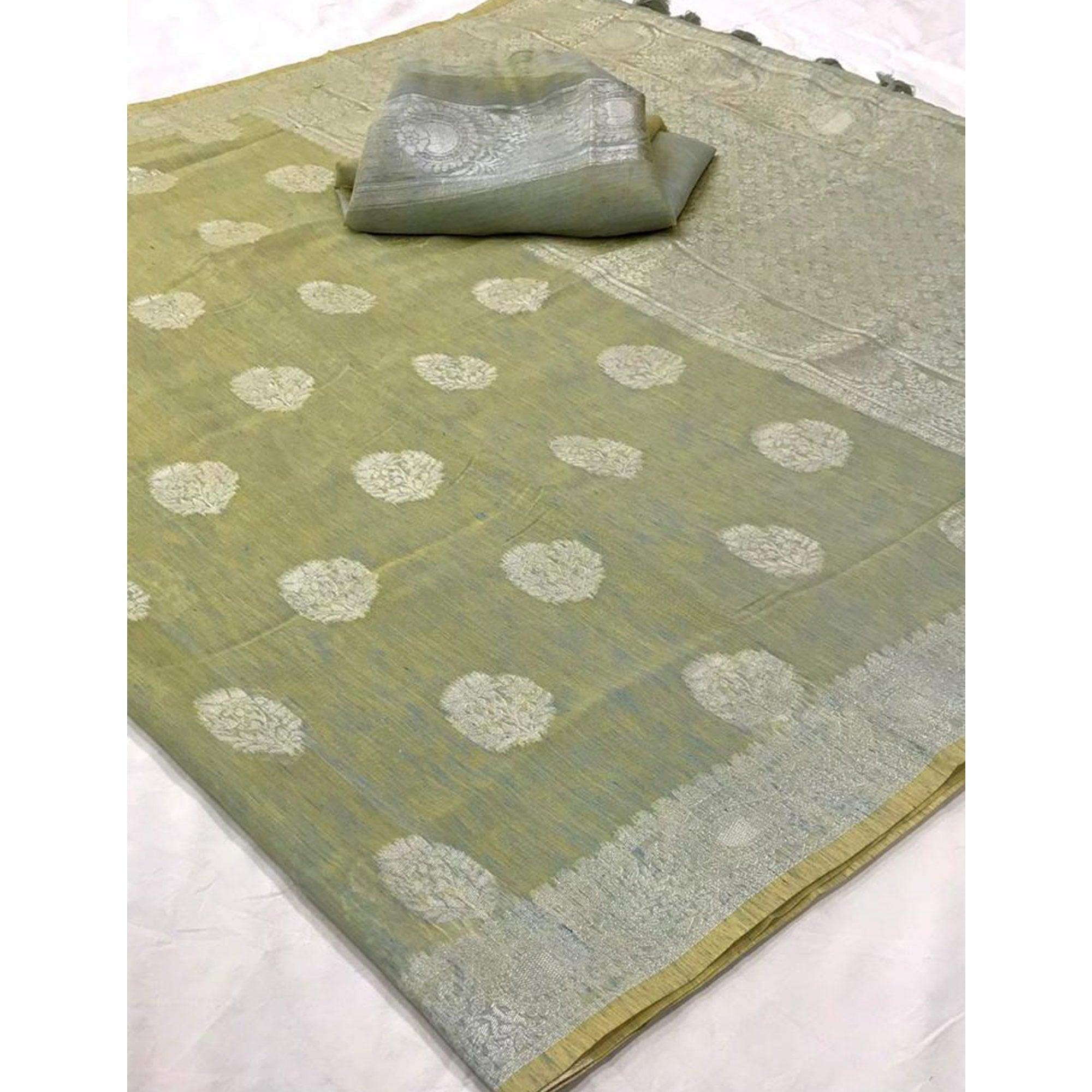 Grey Woven Linen Saree With Tassels - Peachmode