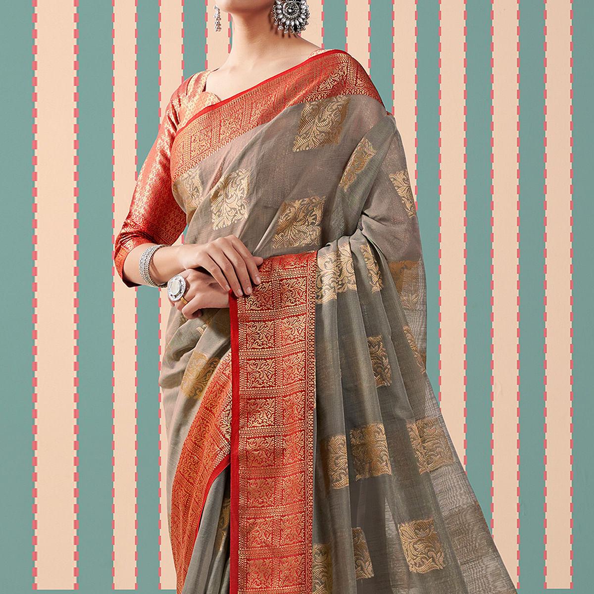 Grey Woven Linen Saree With Tassels - Peachmode