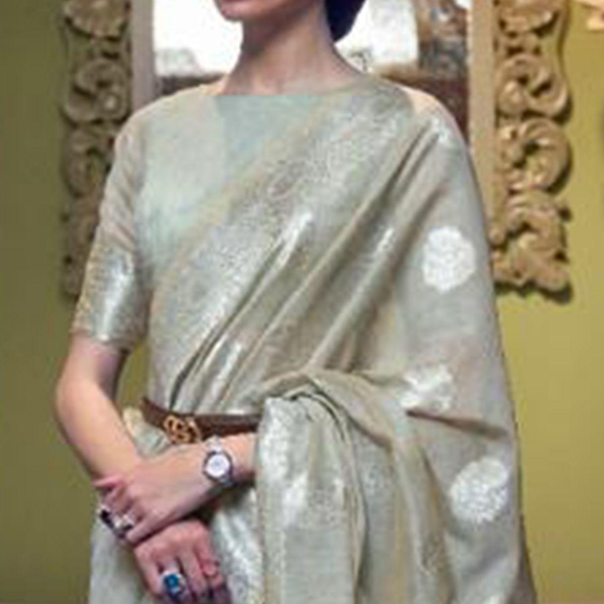 Grey Woven Linen Saree With Tassels - Peachmode