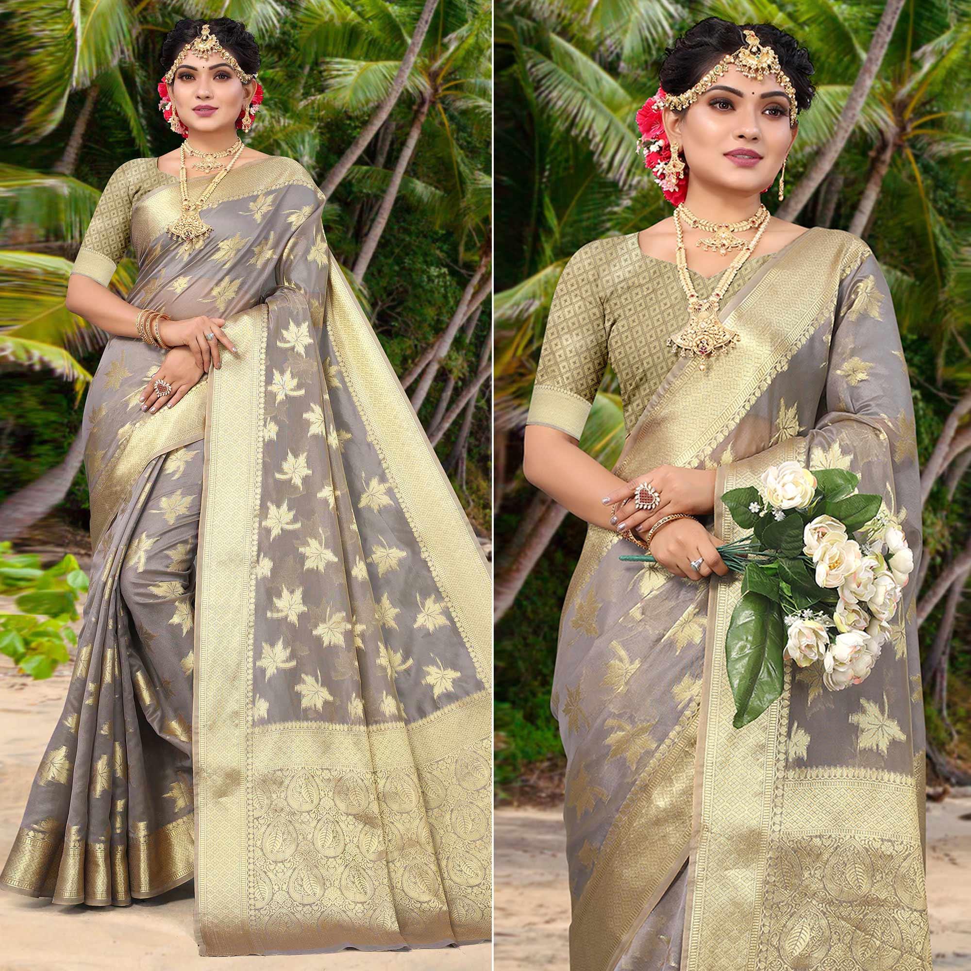 Grey Woven Organza Saree - Peachmode