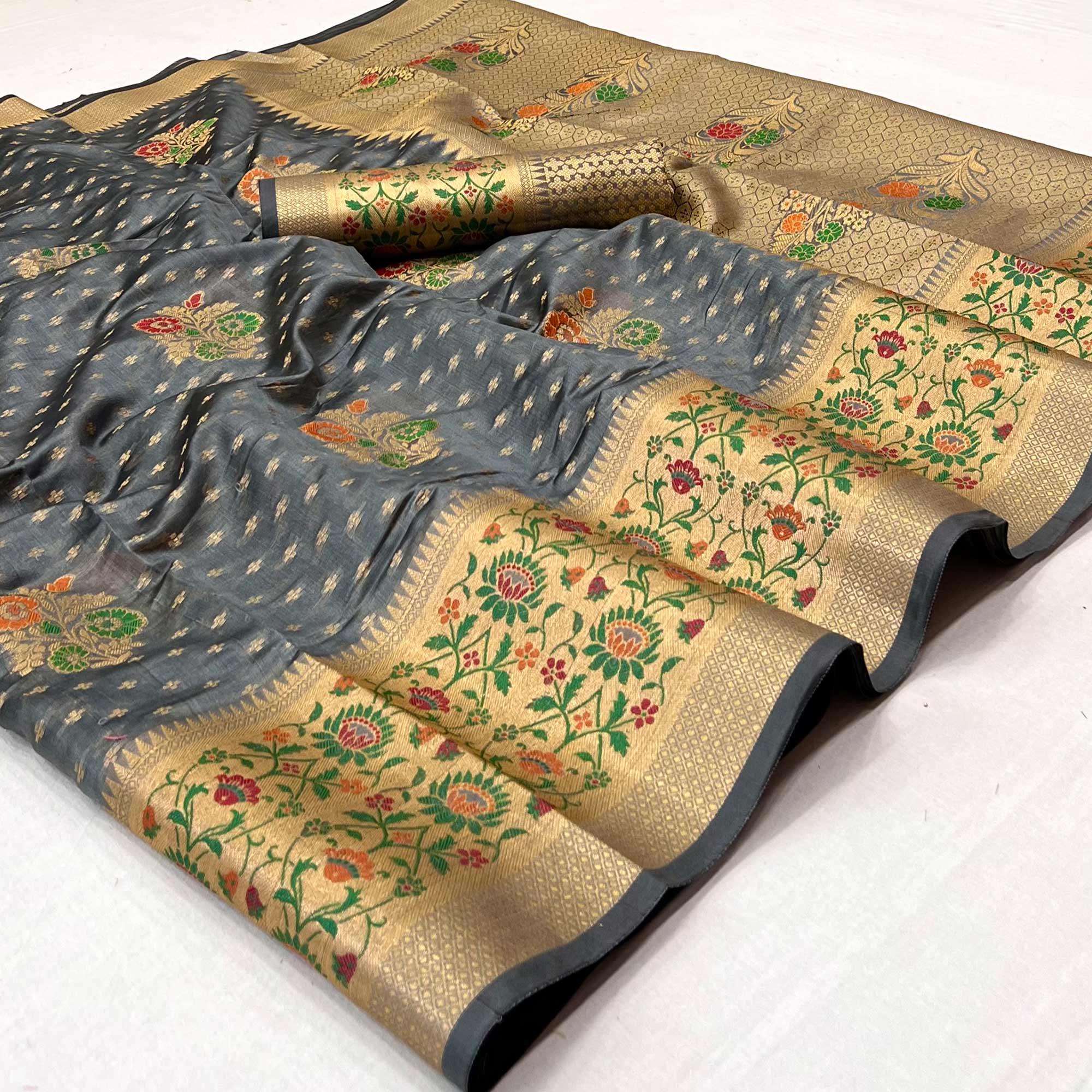 Grey Woven Organza Saree - Peachmode