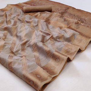 Grey Woven Organza Saree - Peachmode