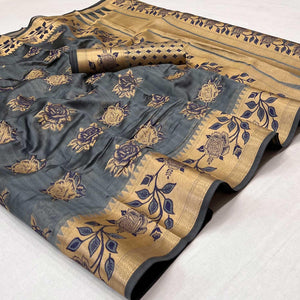Grey Woven Organza Saree - Peachmode