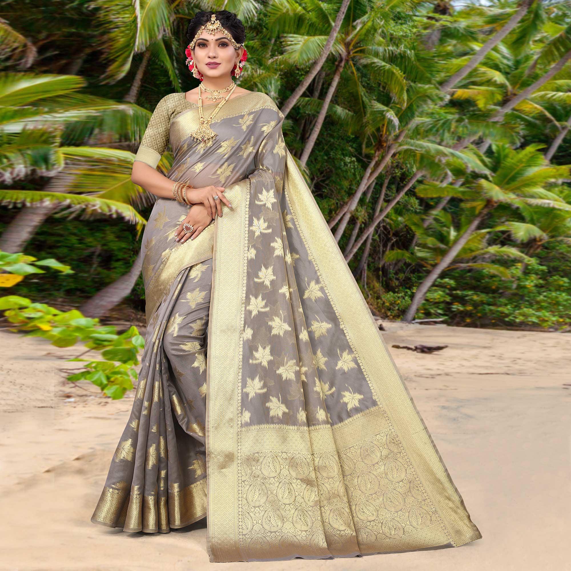 Grey Woven Organza Saree - Peachmode