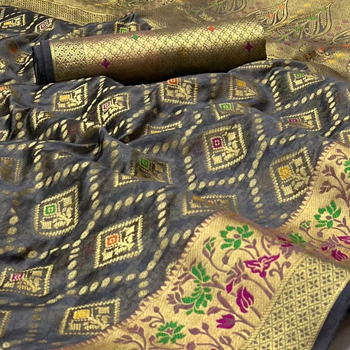 Grey Woven Organza Saree - Peachmode