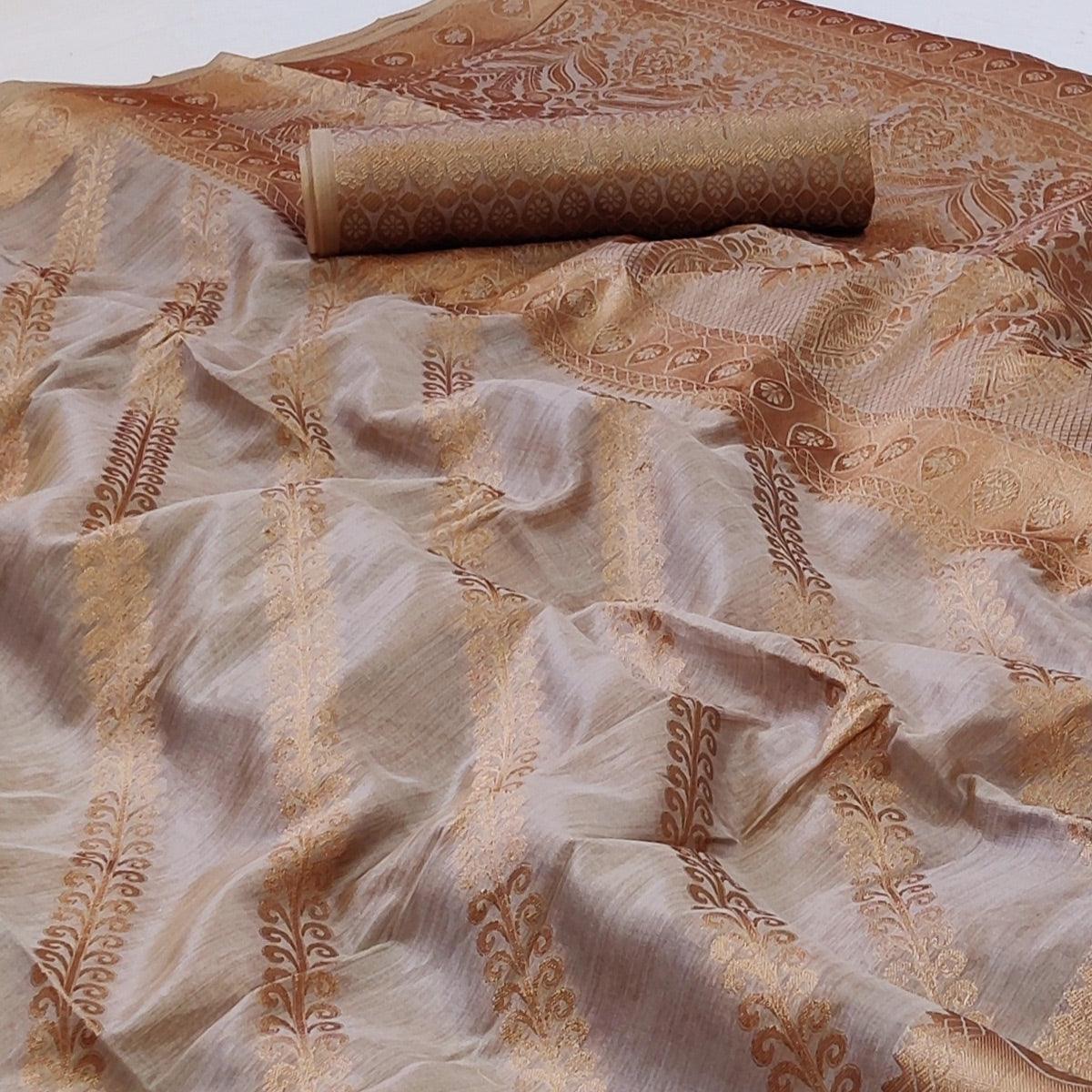 Grey Woven Organza Saree - Peachmode