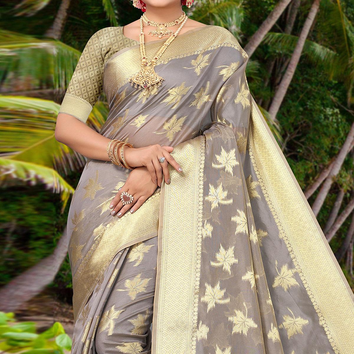 Grey Woven Organza Saree - Peachmode