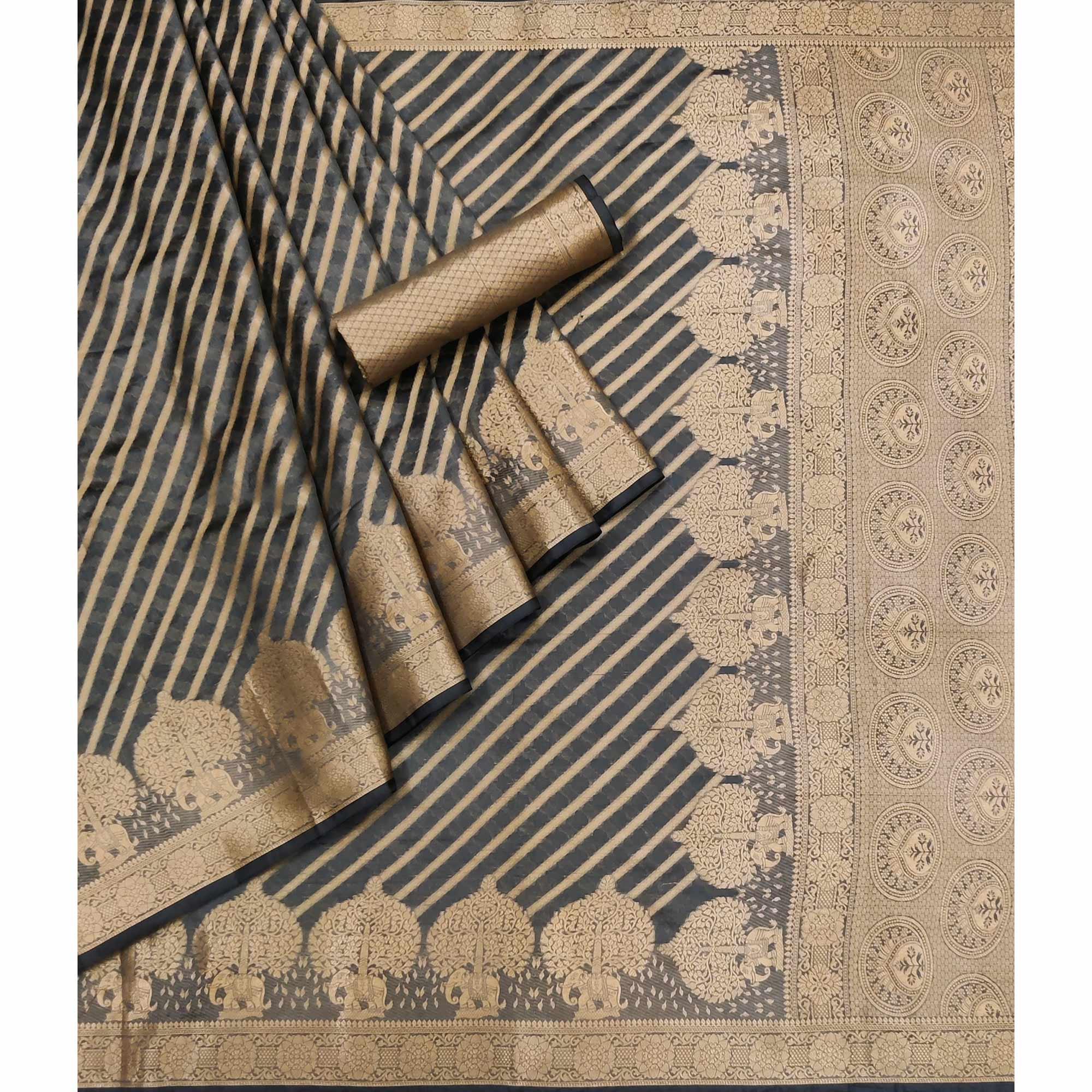 Grey Woven Organza Saree - Peachmode