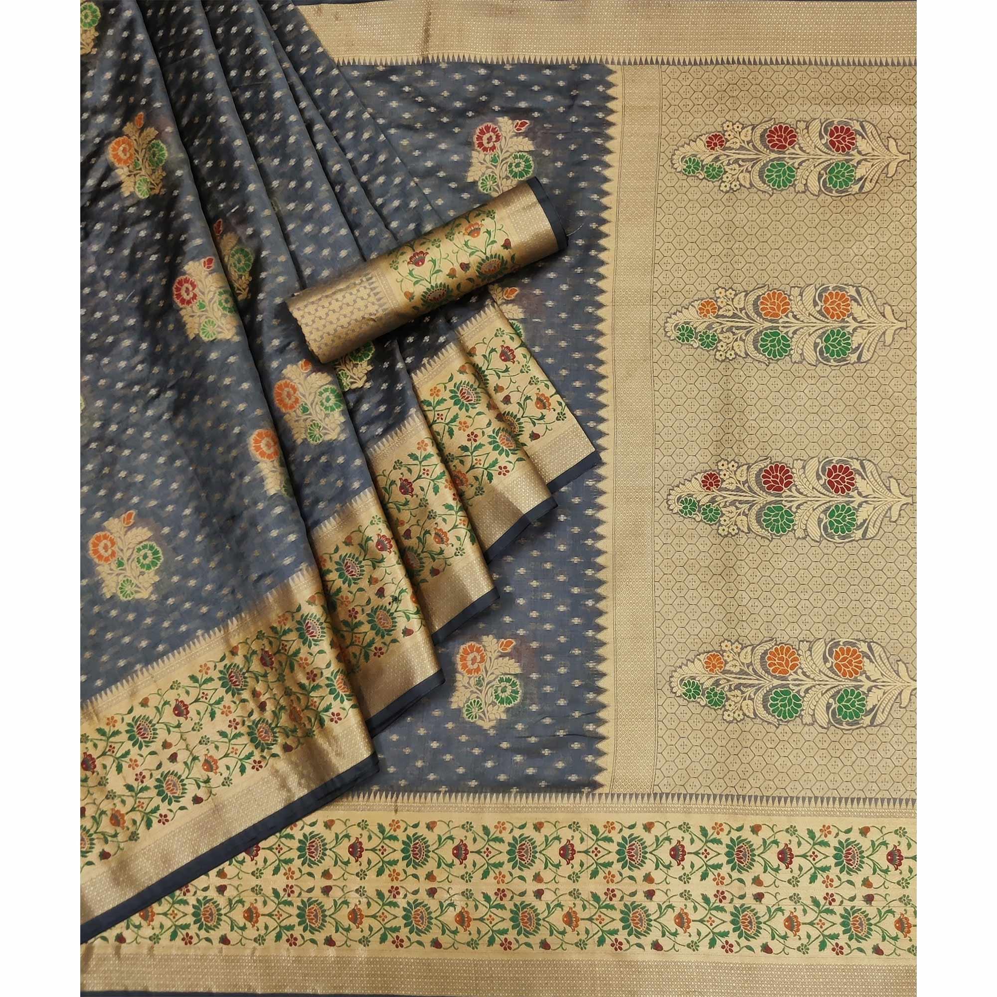 Grey Woven Organza Saree - Peachmode