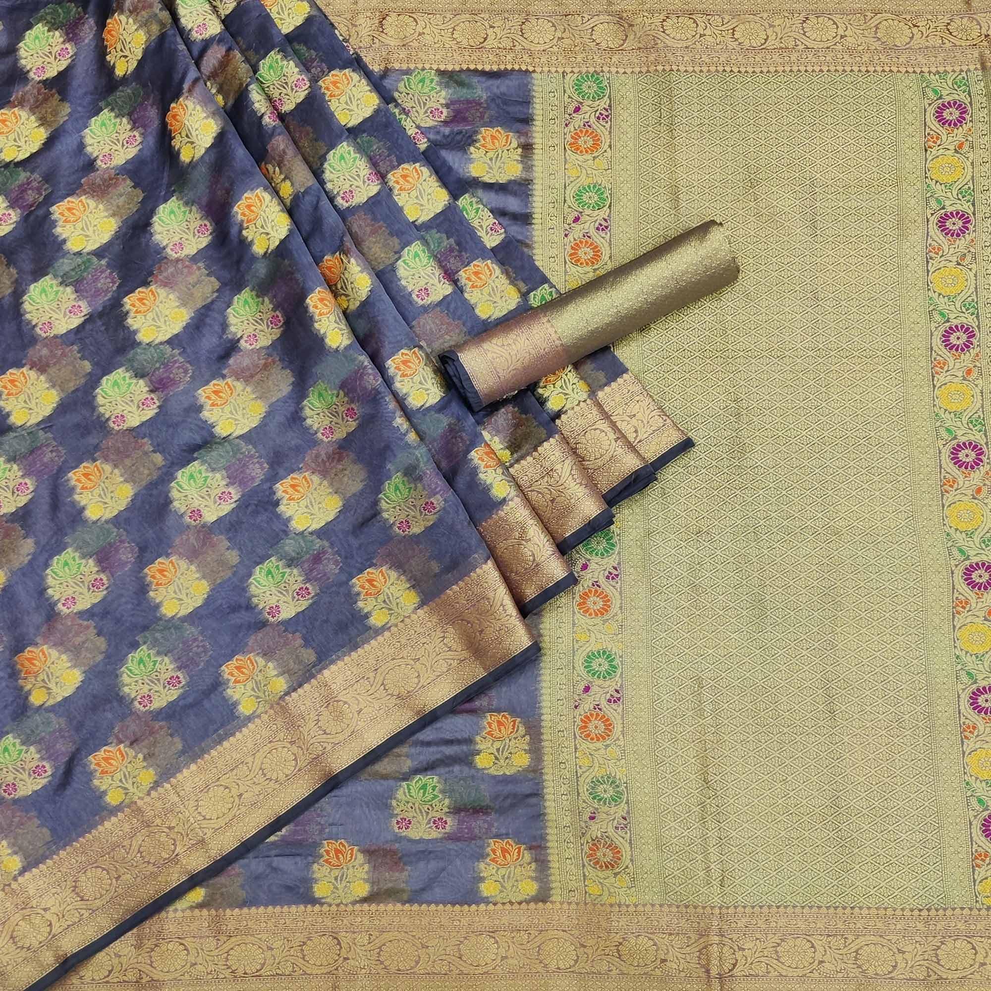 Grey Woven Organza Saree - Peachmode
