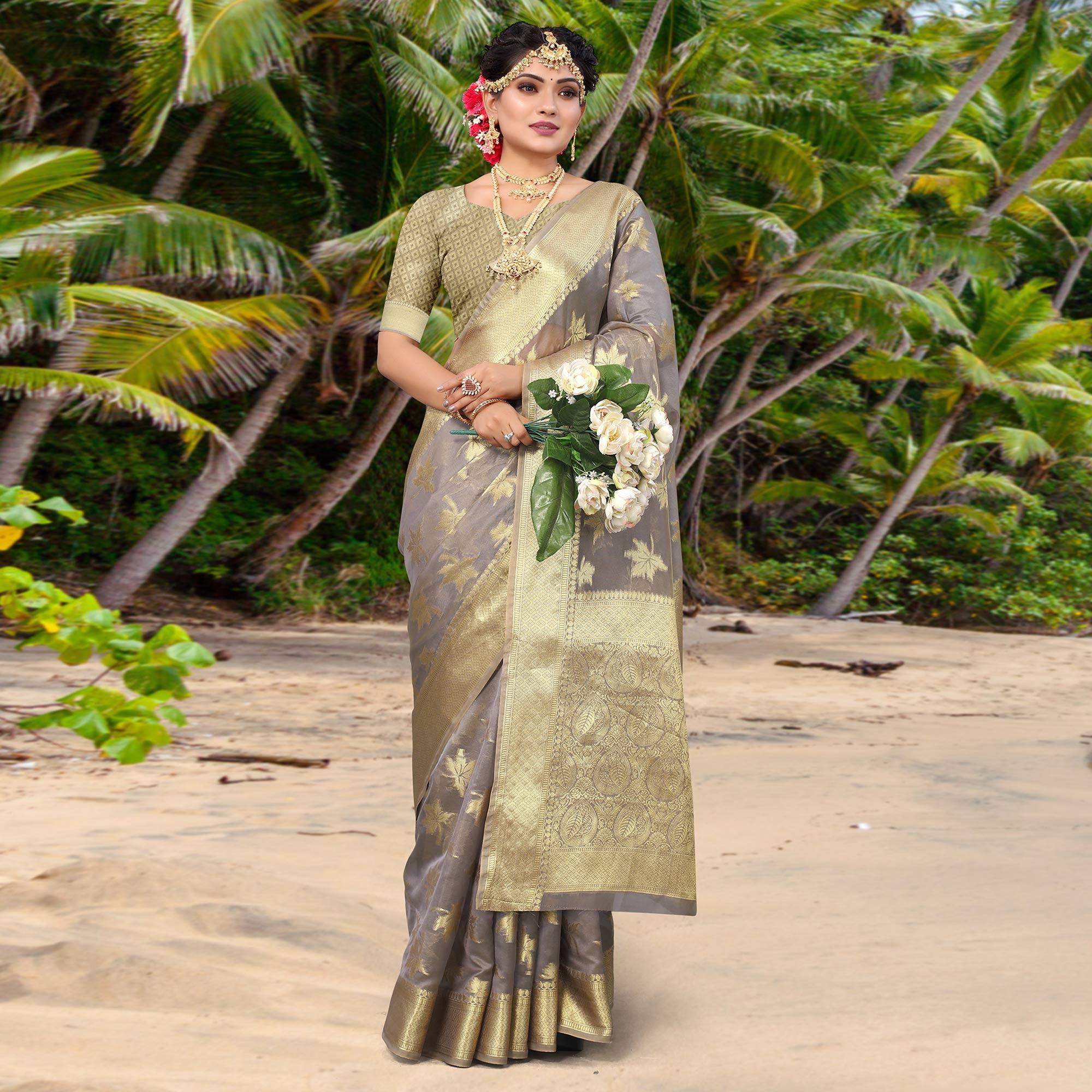 Grey Woven Organza Saree - Peachmode