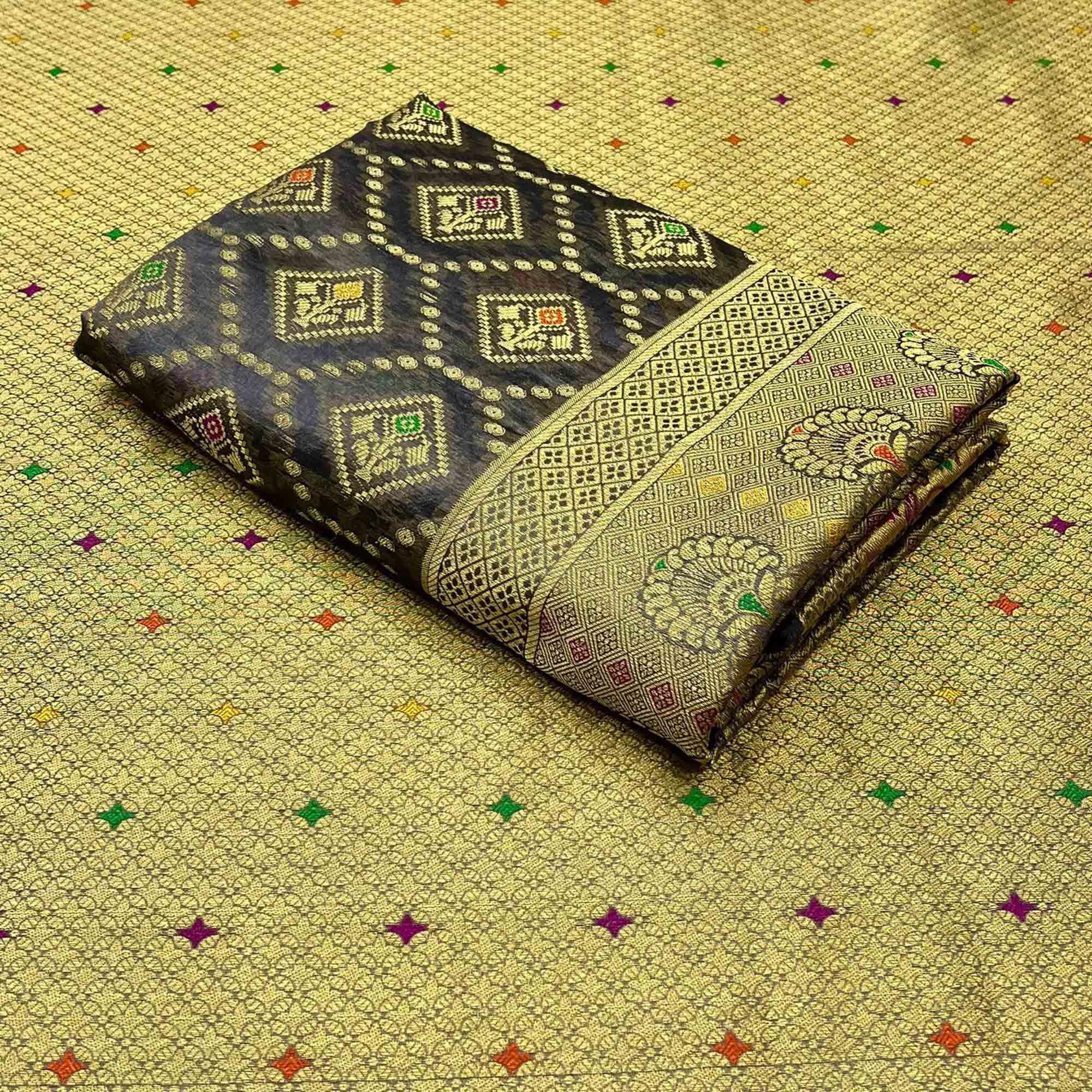 Grey Woven Organza Saree - Peachmode