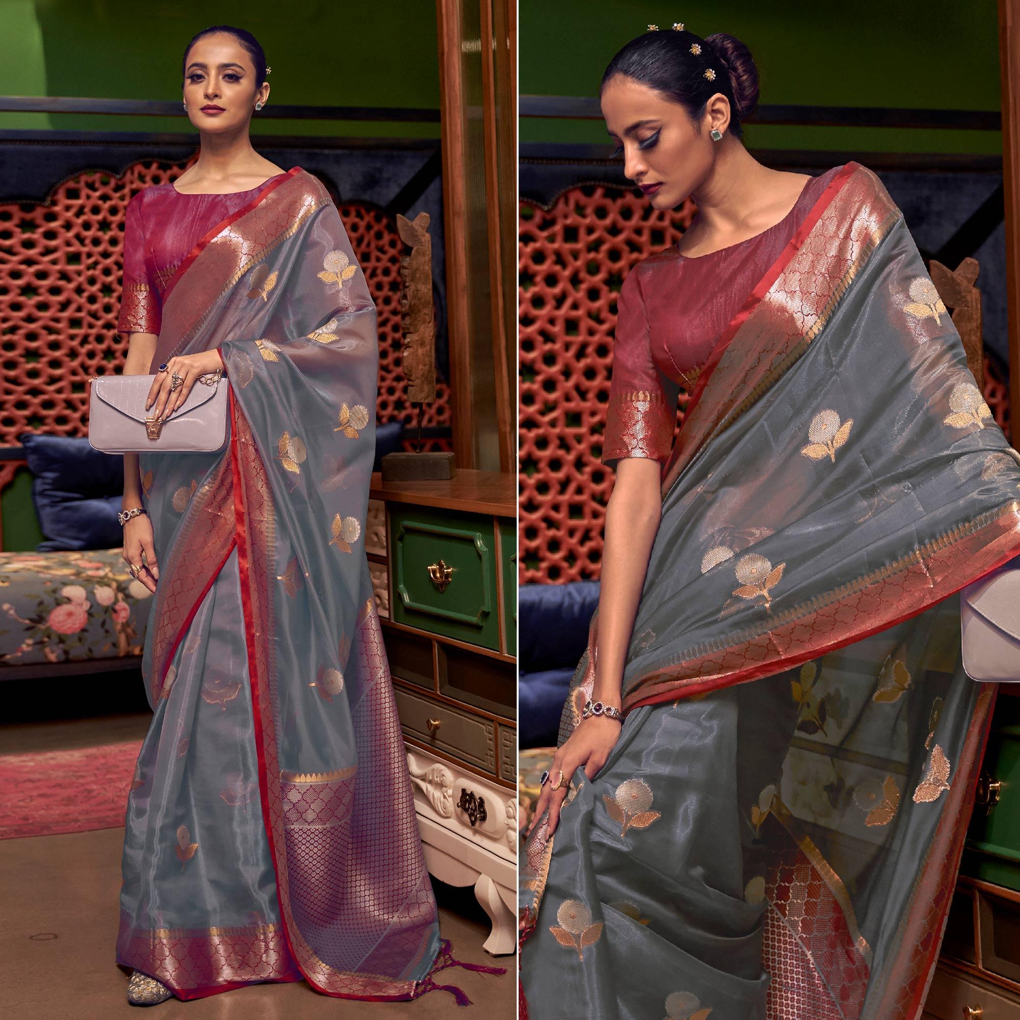 Grey Woven Organza Saree With Tassels - Peachmode