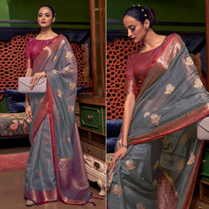 Grey Woven Organza Saree With Tassels - Peachmode
