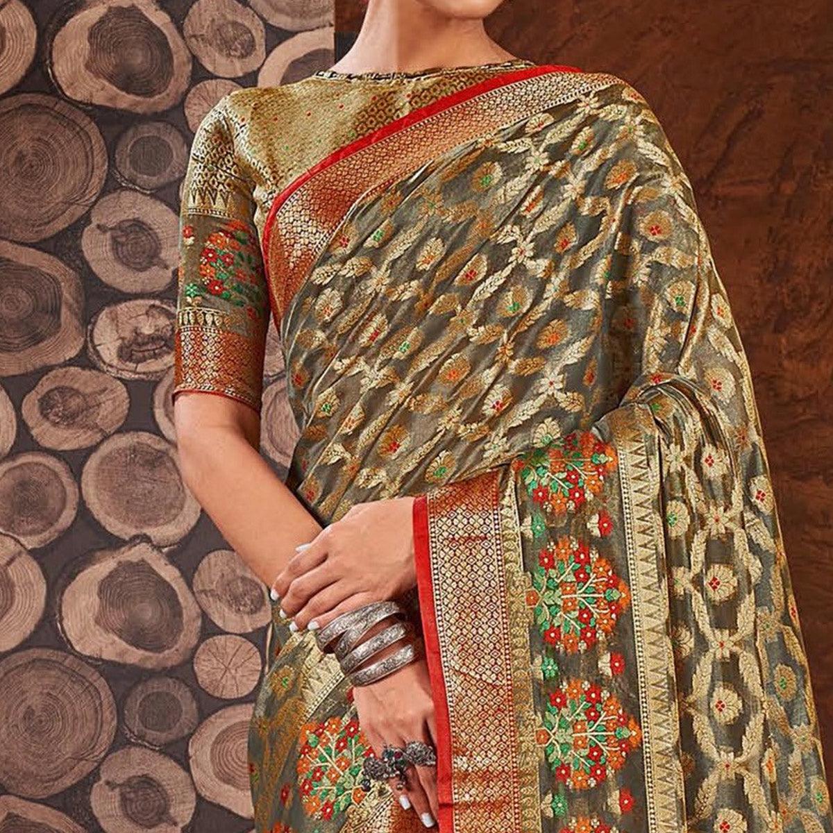 Grey Woven Organza Saree With Tassels - Peachmode