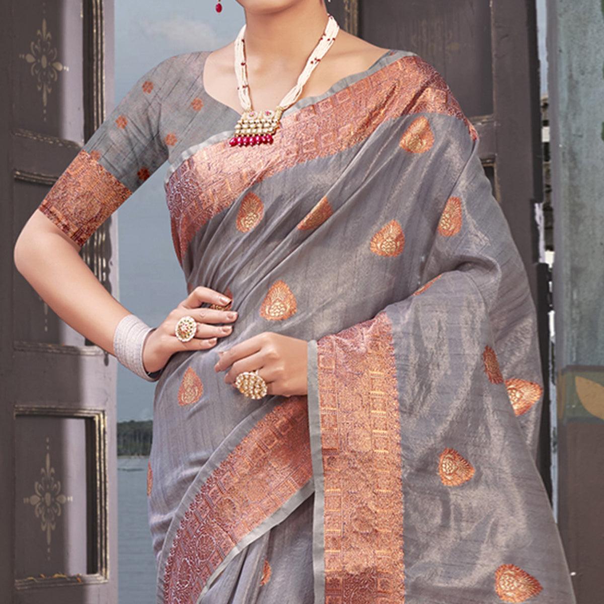 Grey Woven Organza Saree With Tassels - Peachmode