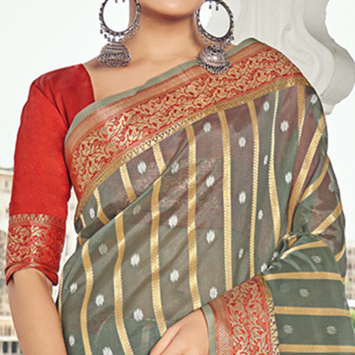 Grey Woven Organza Saree With Tassels - Peachmode