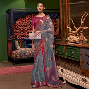 Grey Woven Organza Saree With Tassels - Peachmode