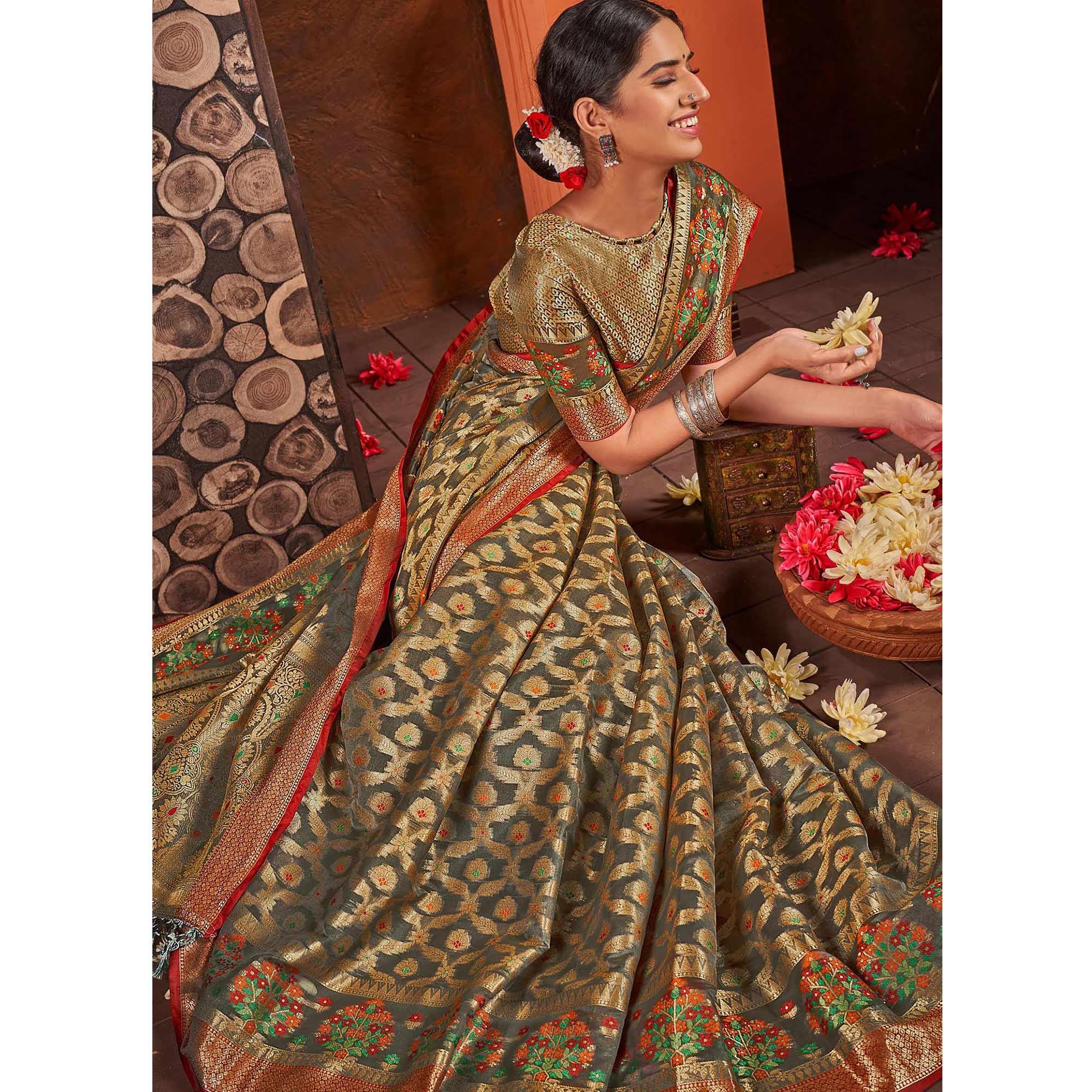 Grey Woven Organza Saree With Tassels - Peachmode