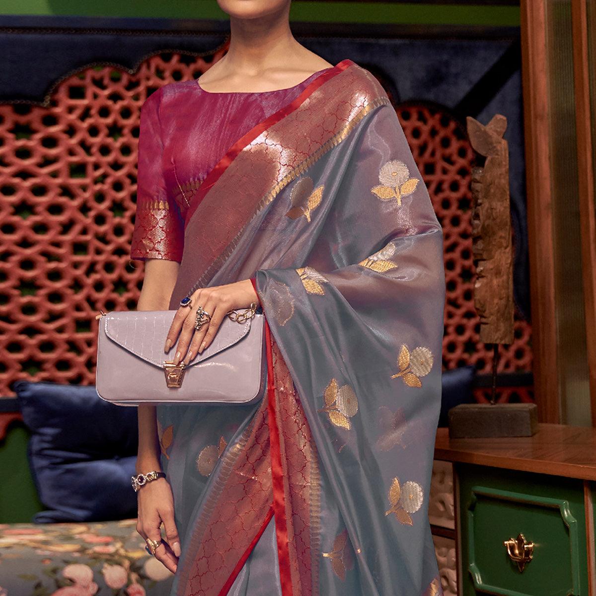 Grey Woven Organza Saree With Tassels - Peachmode