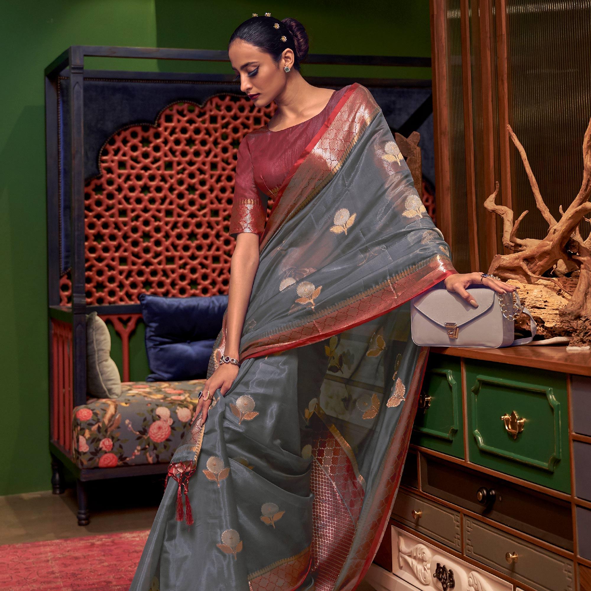 Grey Woven Organza Saree With Tassels - Peachmode