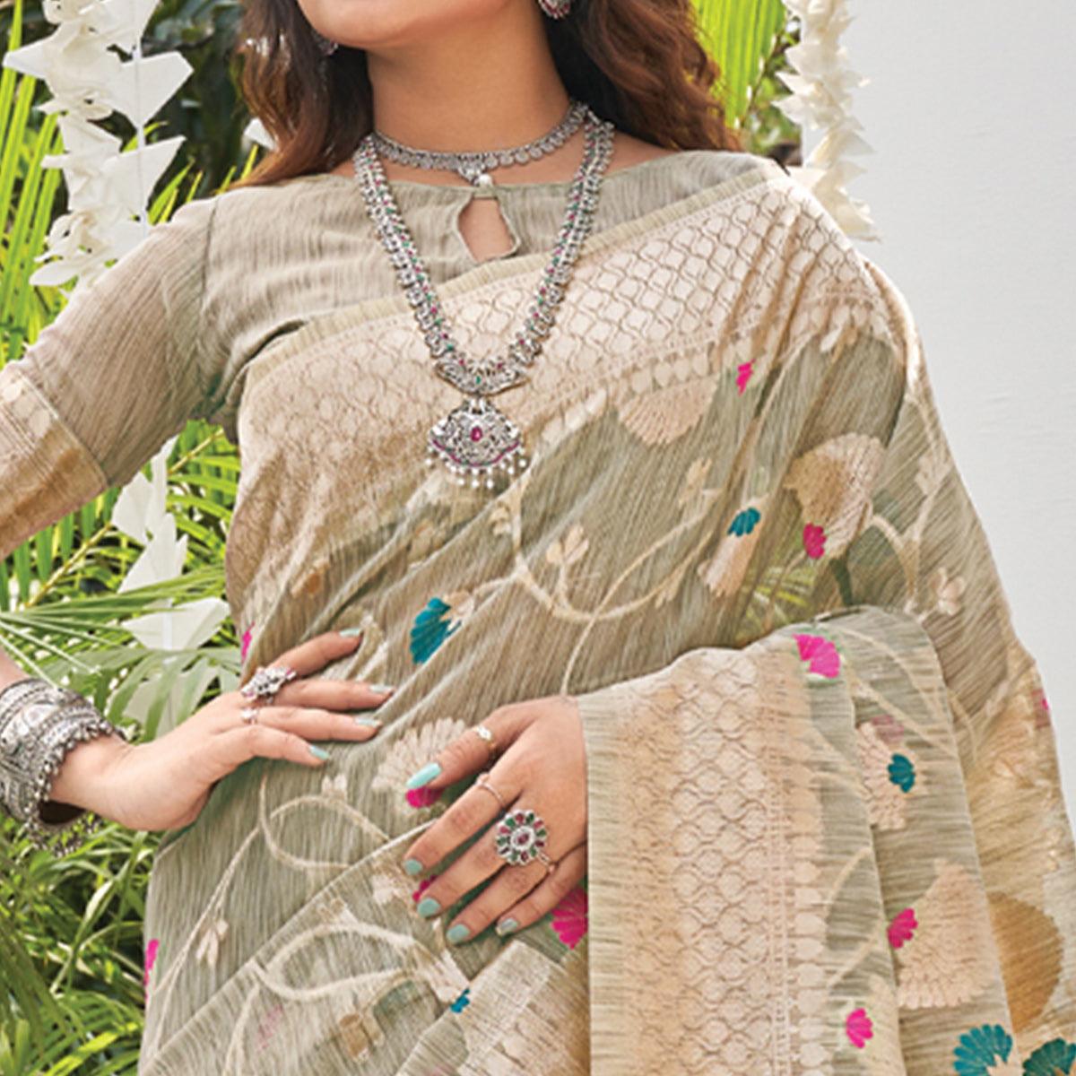 Grey Woven Poly Cotton Saree With Tassels - Peachmode