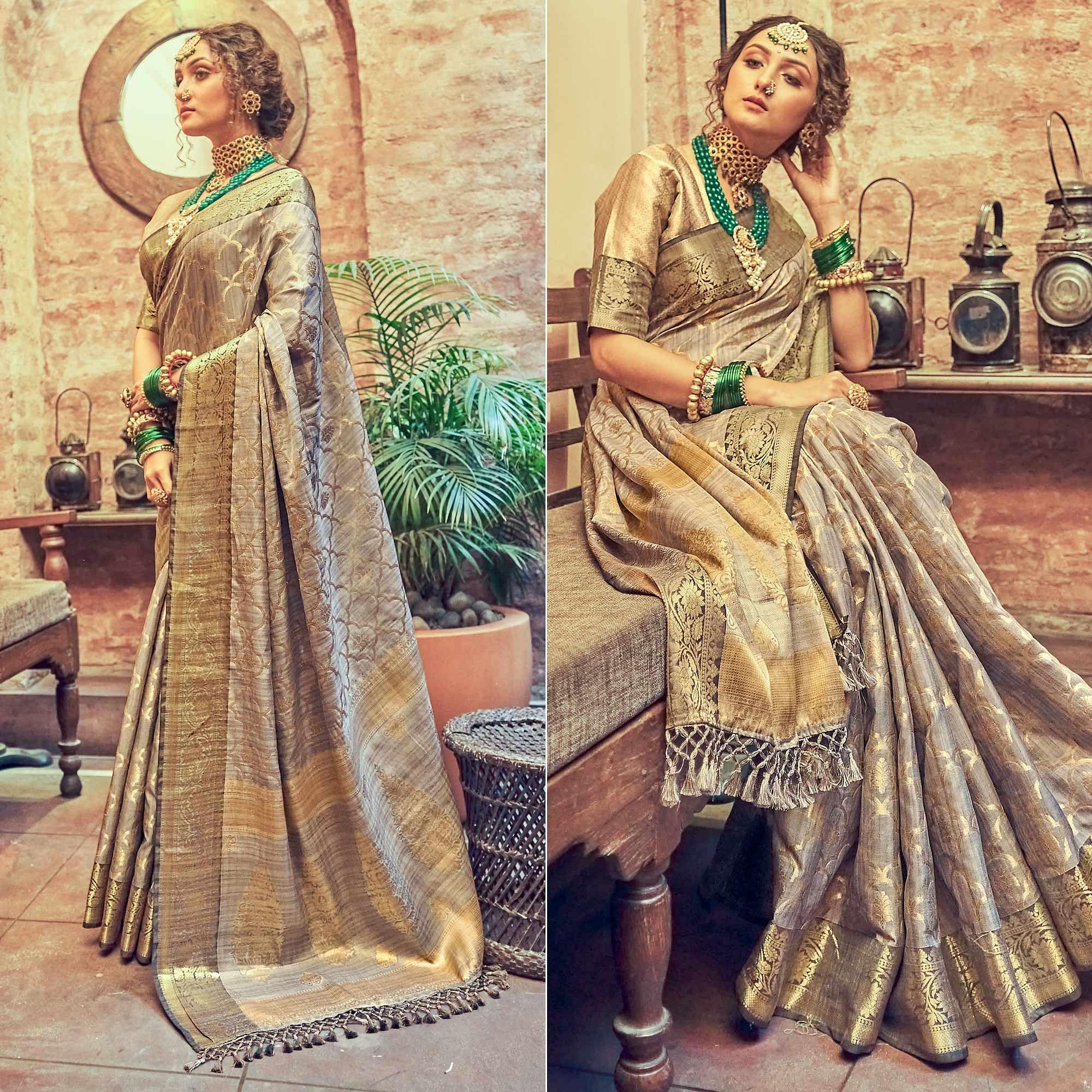 Grey Woven Pure Silk Saree With Tassels - Peachmode