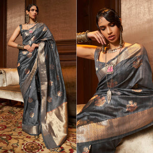 Grey Woven Pure Silk Saree With Tassels - Peachmode
