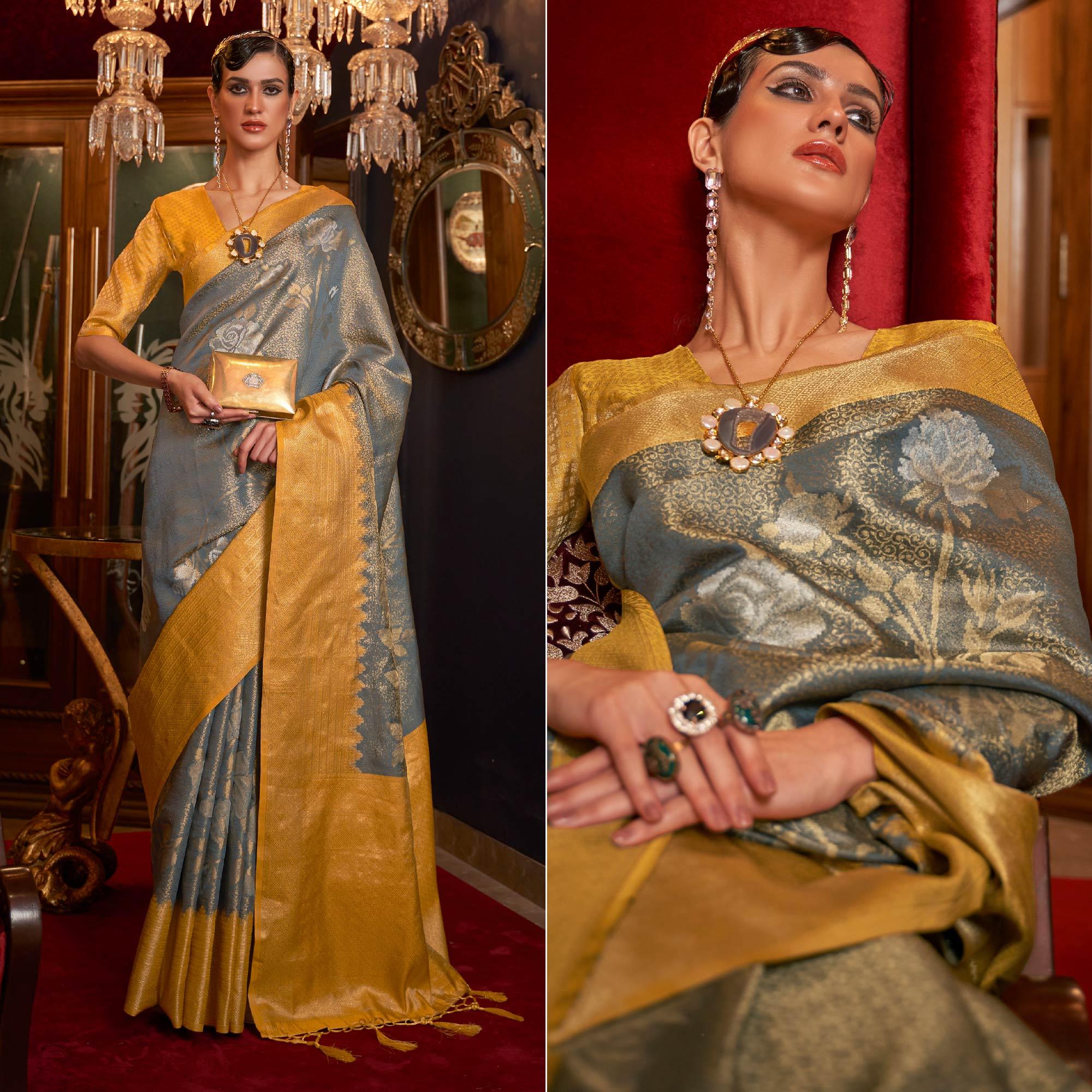 Grey Woven Pure Silk Saree With Tassels - Peachmode