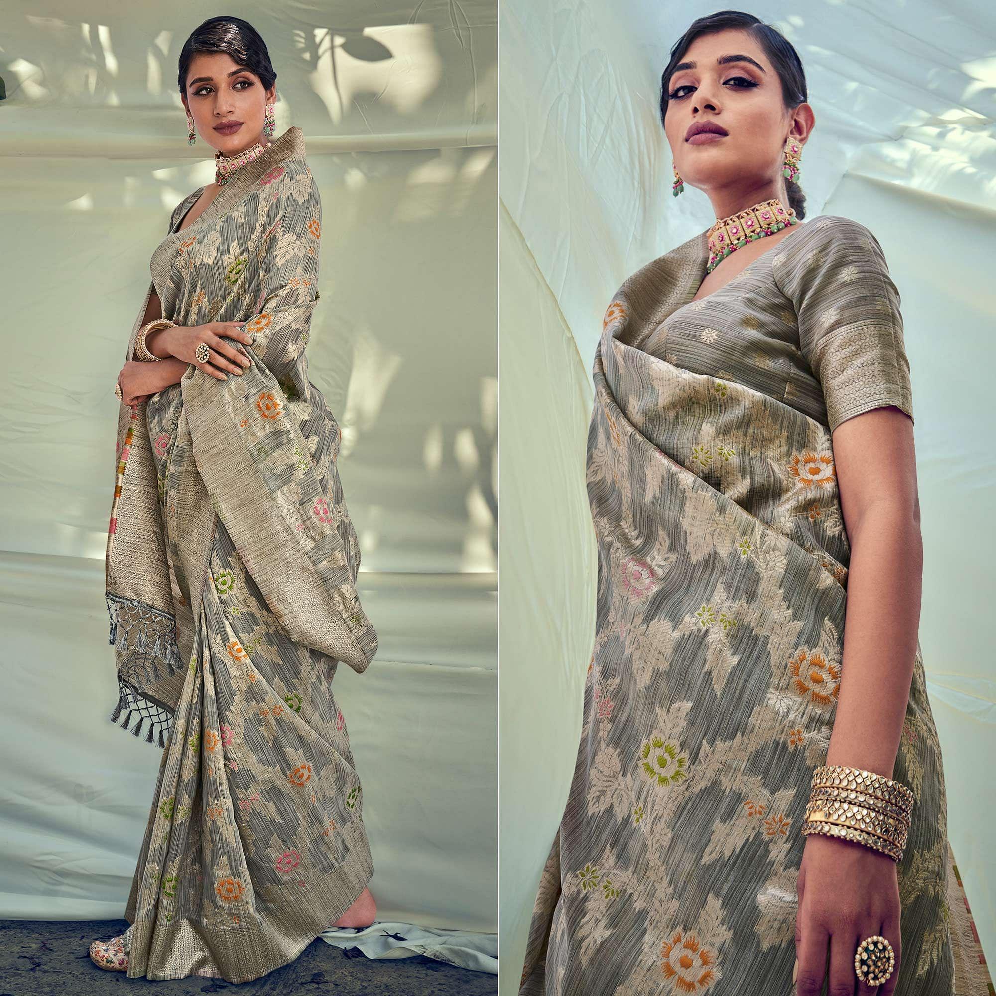 Grey Woven Pure Silk Saree With Tassels - Peachmode