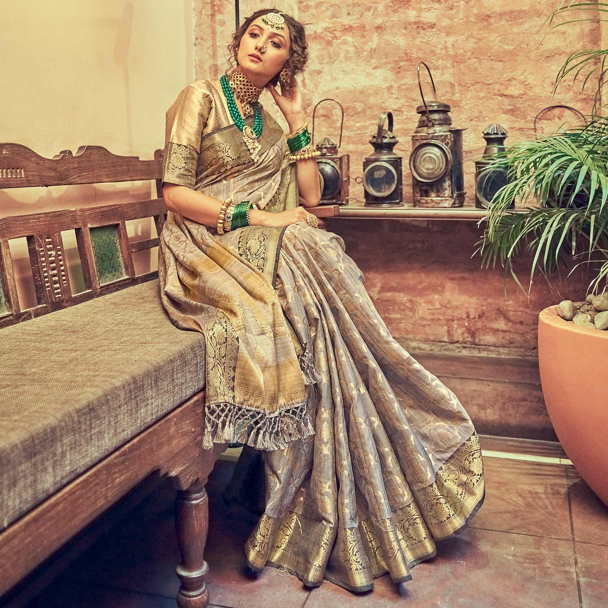 Grey Woven Pure Silk Saree With Tassels - Peachmode