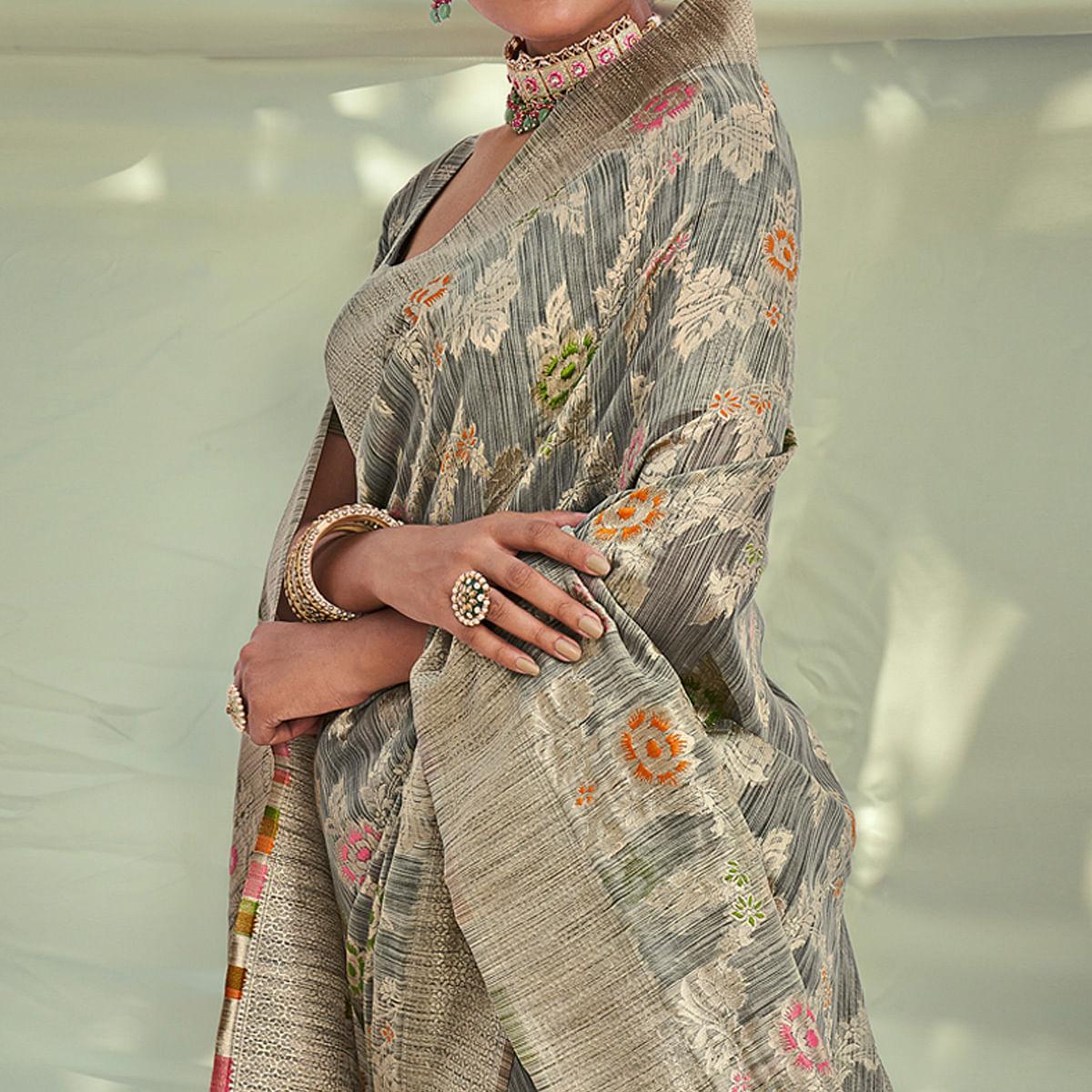 Grey Woven Pure Silk Saree With Tassels - Peachmode
